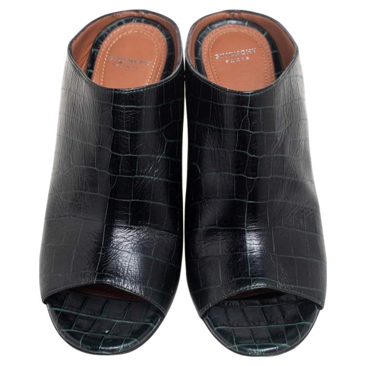 Pre Owned  Givenchy Green/Black Croc Embossed Leather Peep Toe Mule Sandals Size 36