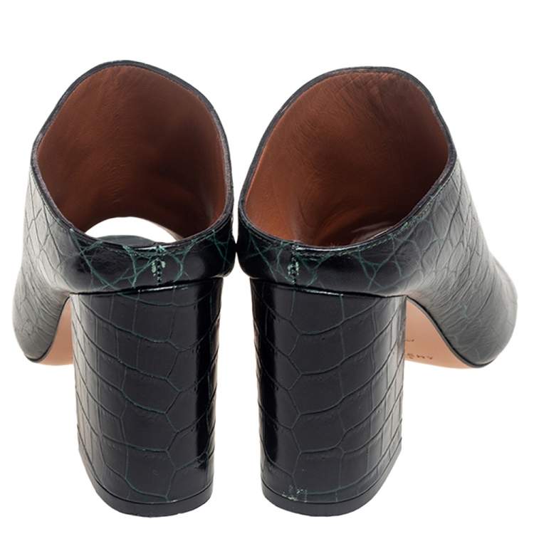 Pre Owned  Givenchy Green/Black Croc Embossed Leather Peep Toe Mule Sandals Size 36