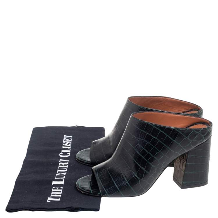 Pre Owned  Givenchy Green/Black Croc Embossed Leather Peep Toe Mule Sandals Size 36