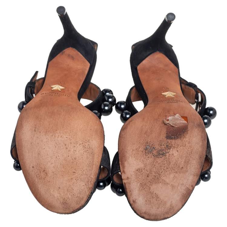 Pre Owned Givenchy Black Suede Faux Pearl Embellished Open Toe Ankle Strap Sandals Size 38