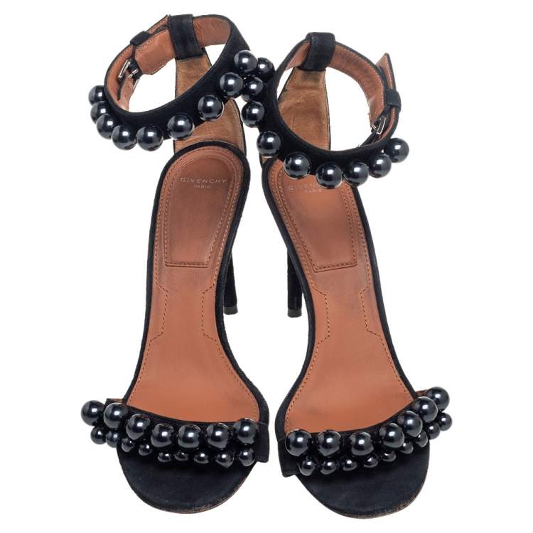 Pre Owned Givenchy Black Suede Faux Pearl Embellished Open Toe Ankle Strap Sandals Size 38