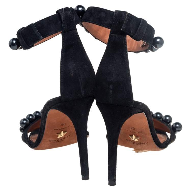 Pre Owned Givenchy Black Suede Faux Pearl Embellished Open Toe Ankle Strap Sandals Size 38