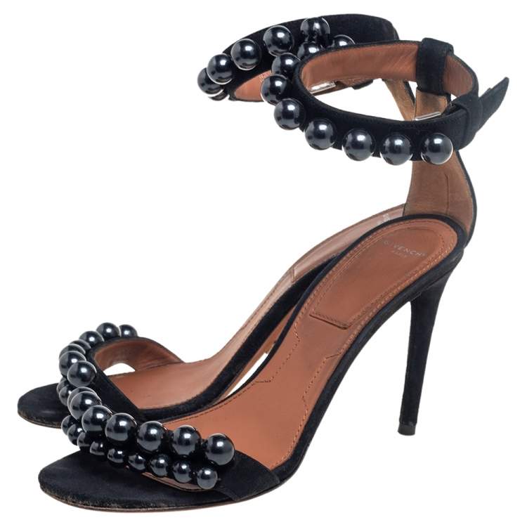Pre Owned Givenchy Black Suede Faux Pearl Embellished Open Toe Ankle Strap Sandals Size 38