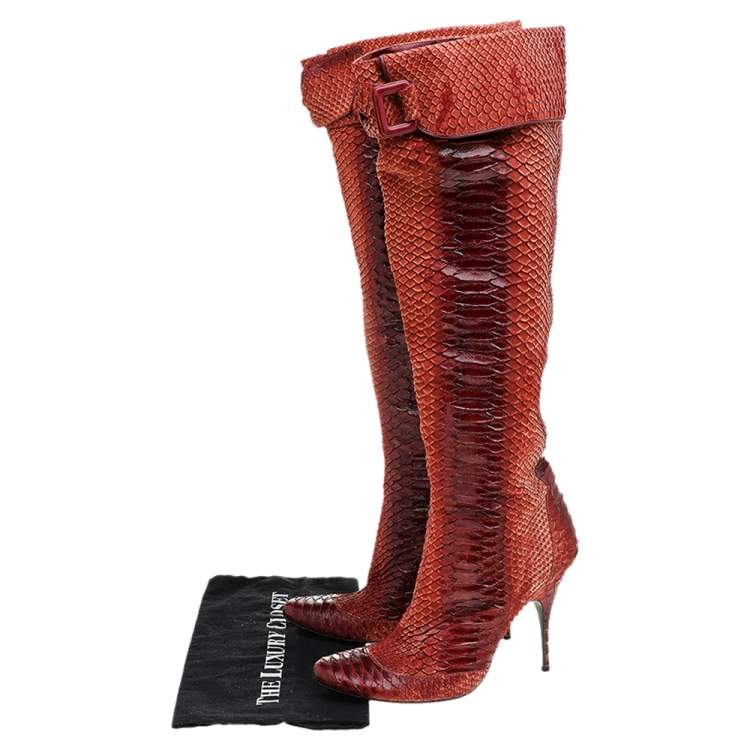 Pre Owned Givenchy Two Tone Orange Python Leather Knee Length Boots Size 40