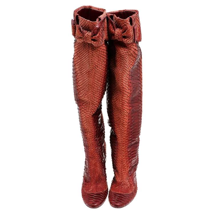 Pre Owned Givenchy Two Tone Orange Python Leather Knee Length Boots Size 40