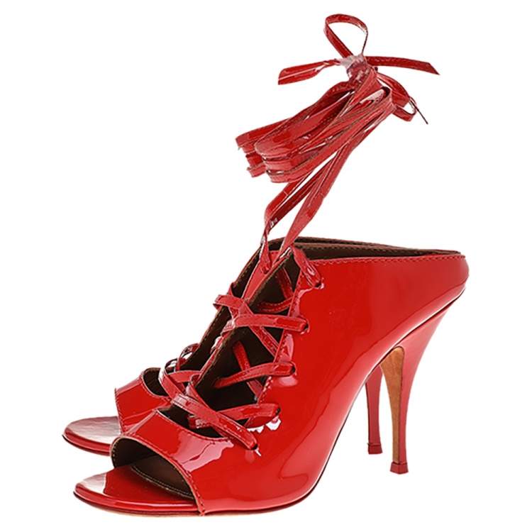 Pre Owned Givenchy Orange Patent Leather Lace Up Slide Sandals Size 39