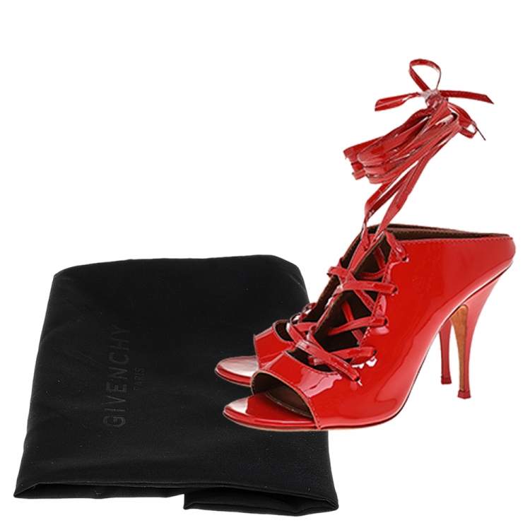 Pre Owned Givenchy Orange Patent Leather Lace Up Slide Sandals Size 39