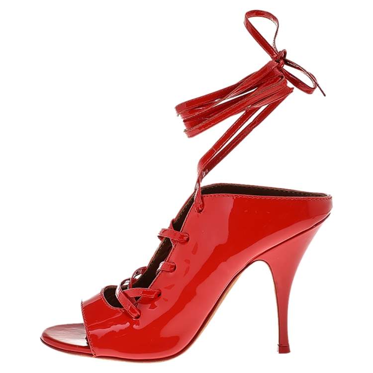 Pre Owned Givenchy Orange Patent Leather Lace Up Slide Sandals Size 39