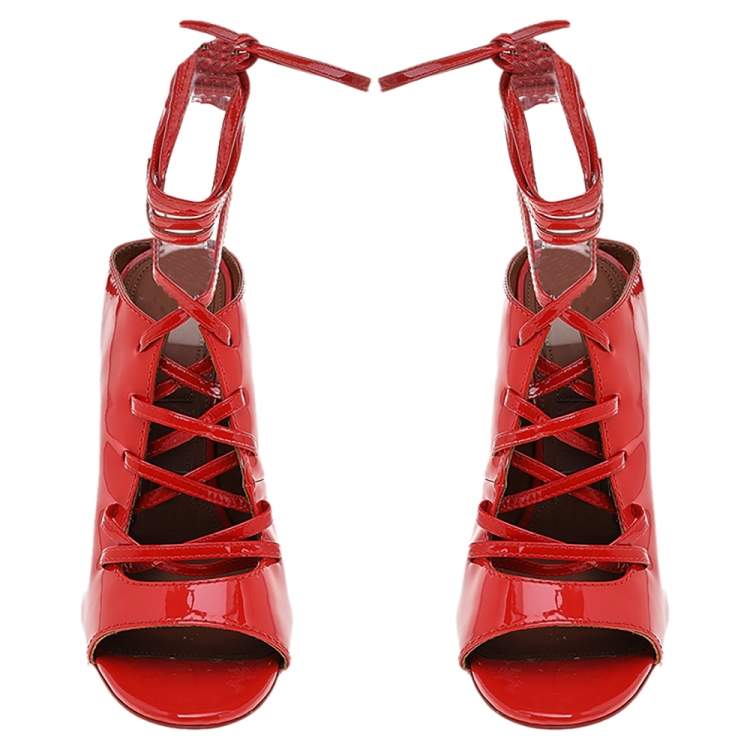 Pre Owned Givenchy Orange Patent Leather Lace Up Slide Sandals Size 39
