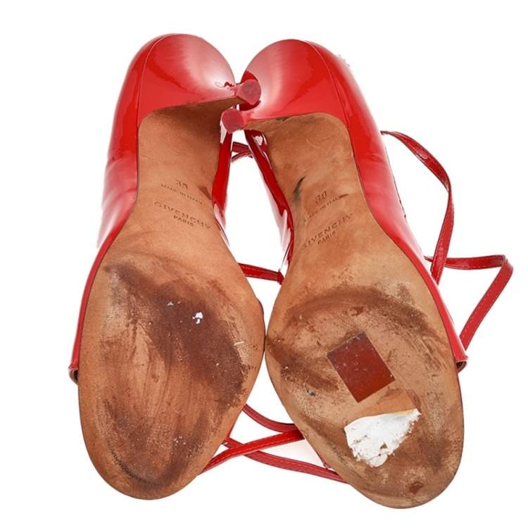 Pre Owned Givenchy Orange Patent Leather Lace Up Slide Sandals Size 39