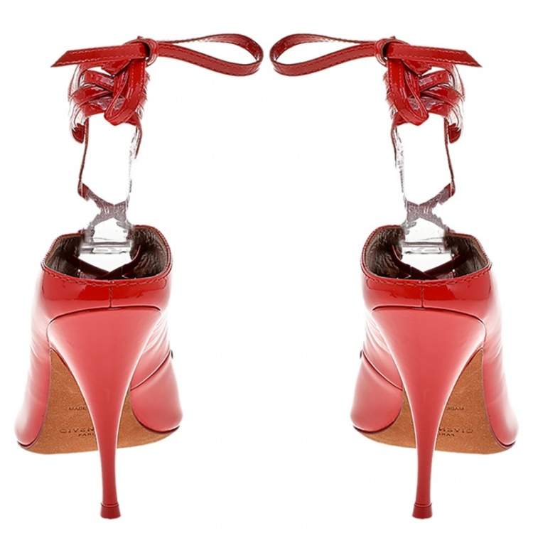 Pre Owned Givenchy Orange Patent Leather Lace Up Slide Sandals Size 39