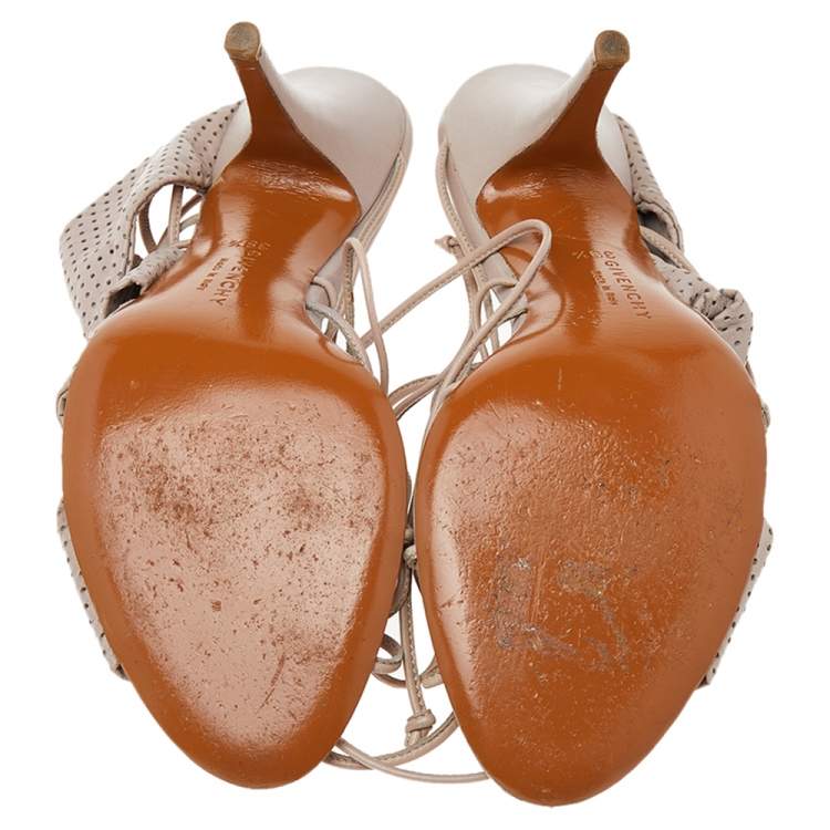 Pre Owned Givenchy Beige Perforated Leather Open Toe Ankle Wrap Sandals Size 39.5