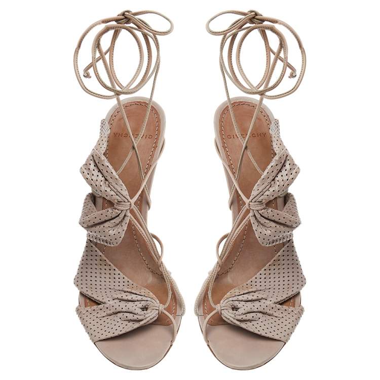 Pre Owned Givenchy Beige Perforated Leather Open Toe Ankle Wrap Sandals Size 39.5