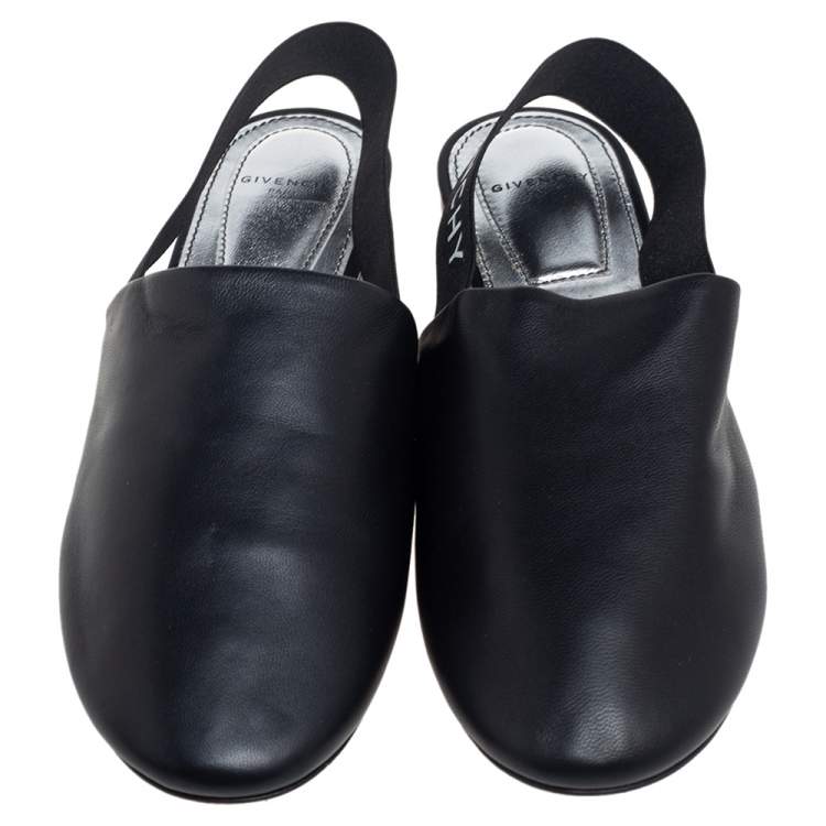 Pre Owned Givenchy Black Leather Rivington Logo Slingback Flat Mules Size 36.5
