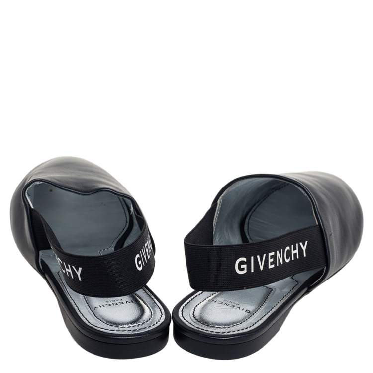 Pre Owned Givenchy Black Leather Rivington Logo Slingback Flat Mules Size 36.5
