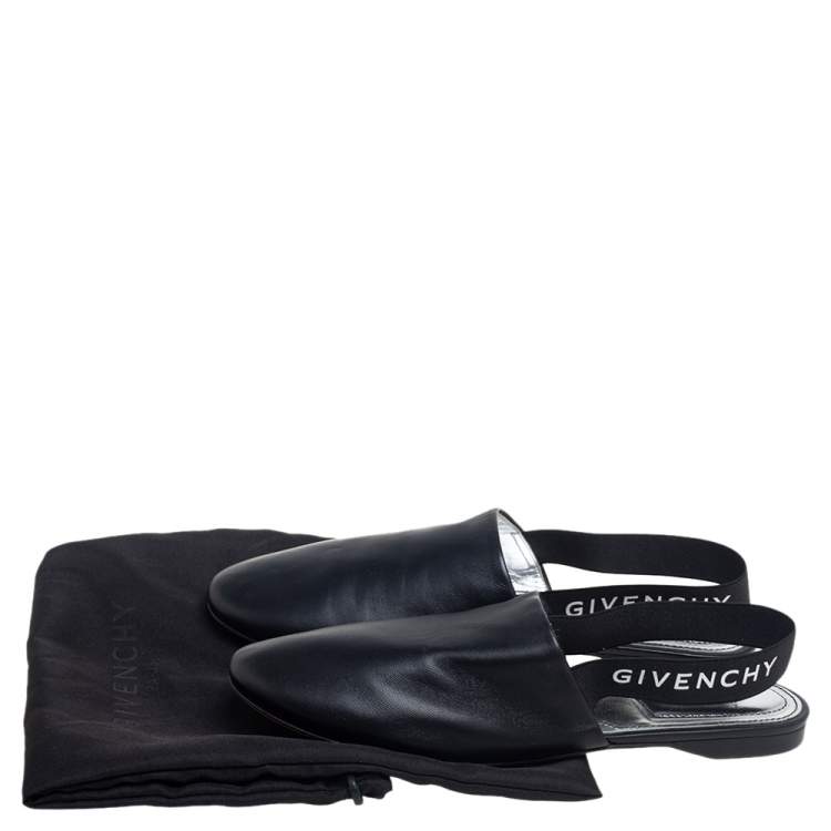 Pre Owned Givenchy Black Leather Rivington Logo Slingback Flat Mules Size 36.5