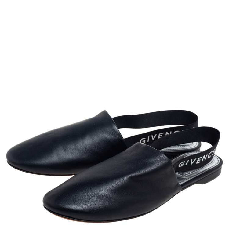 Pre Owned Givenchy Black Leather Rivington Logo Slingback Flat Mules Size 36.5