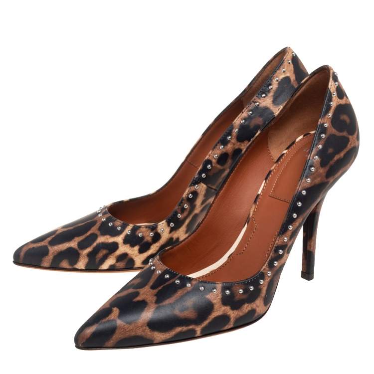 Pre Owned Givenchy Black/Beige Leopard Print Leather Studded Pointed Toe Pumps Size 36