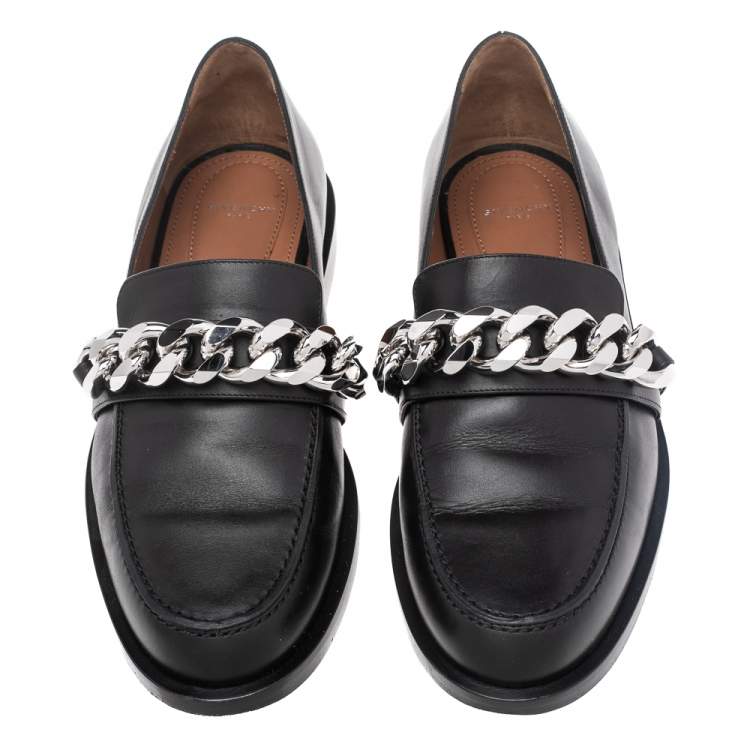 Pre Owned Givenchy Black Leather Chain Link Loafers Size 39