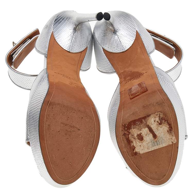 Pre Owned Givenchy Silver Leather Shark Lock Ankle Strap Sandals Size 38