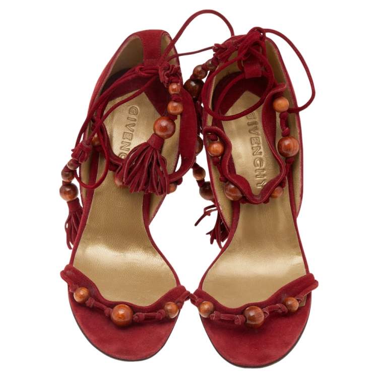 Pre Owned Givenchy Red Suede Lace Up Sandals Size 39