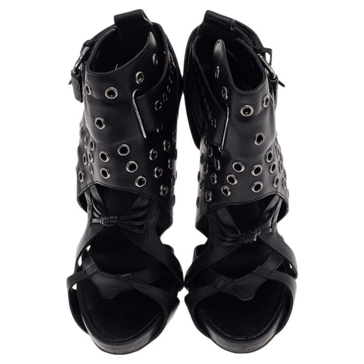 Pre Owned Givenchy Black Leather Studded Strappy Ankle Boots Size 38