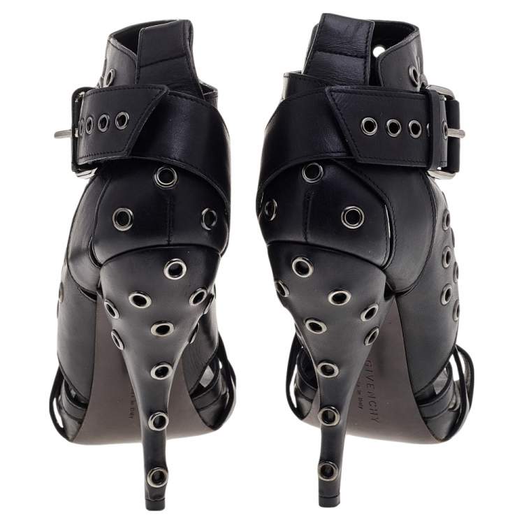 Pre Owned Givenchy Black Leather Studded Strappy Ankle Boots Size 38