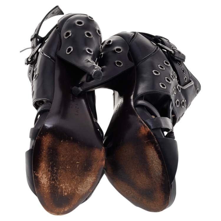 Pre Owned Givenchy Black Leather Studded Strappy Ankle Boots Size 38