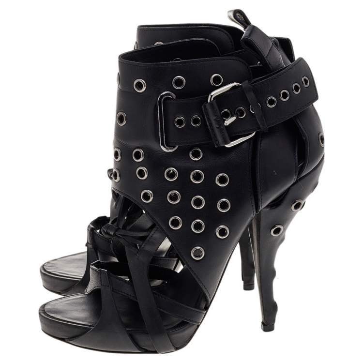 Pre Owned Givenchy Black Leather Studded Strappy Ankle Boots Size 38