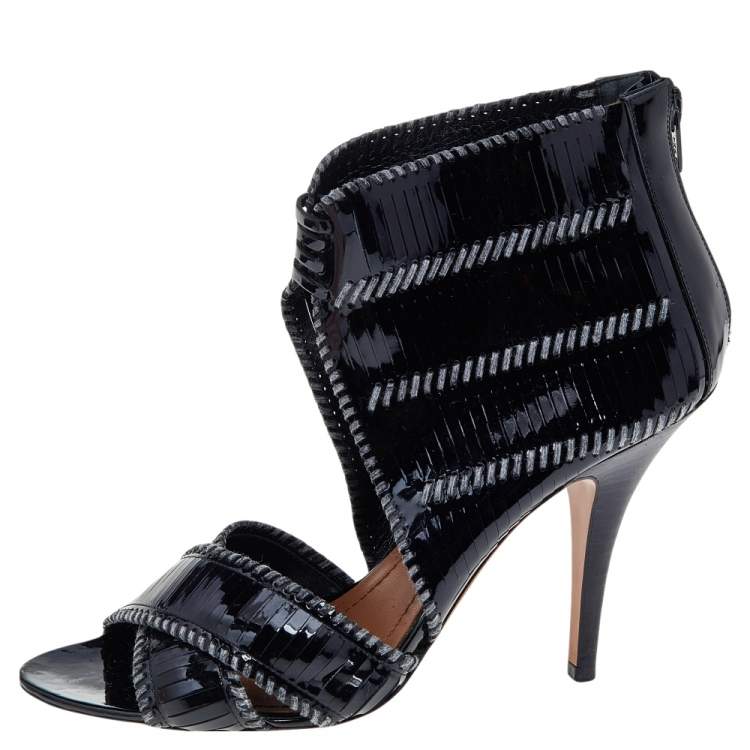 Pre Owned Givenchy Black Stripe Cut Patent Leather Ankle Booties Size 39.5