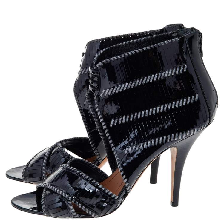 Pre Owned Givenchy Black Stripe Cut Patent Leather Ankle Booties Size 39.5