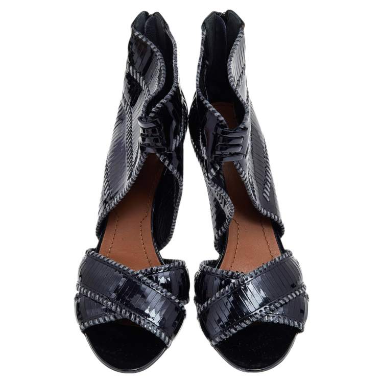 Pre Owned Givenchy Black Stripe Cut Patent Leather Ankle Booties Size 39.5