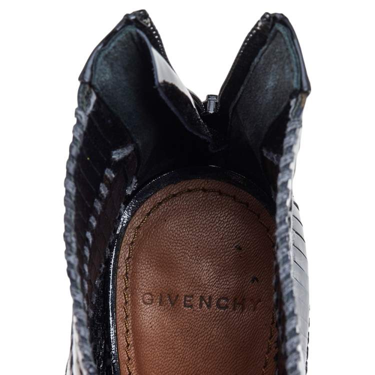 Pre Owned Givenchy Black Stripe Cut Patent Leather Ankle Booties Size 39.5