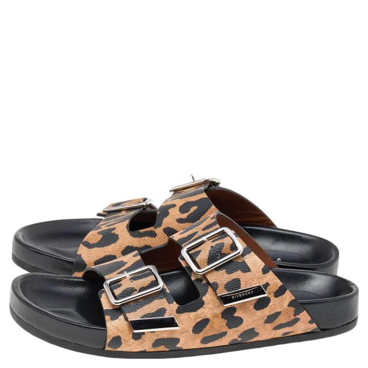 مملوكة مسبقًا Givenchy Beige/Black Leopard Print Lizard Embossed Leather Flat Slides Size 37