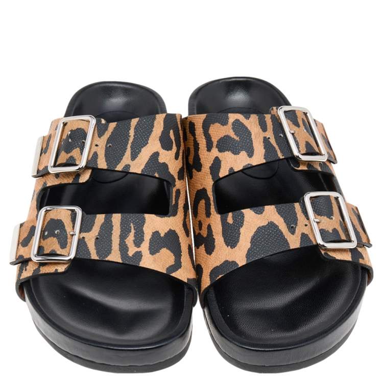 مملوكة مسبقًا Givenchy Beige/Black Leopard Print Lizard Embossed Leather Flat Slides Size 37