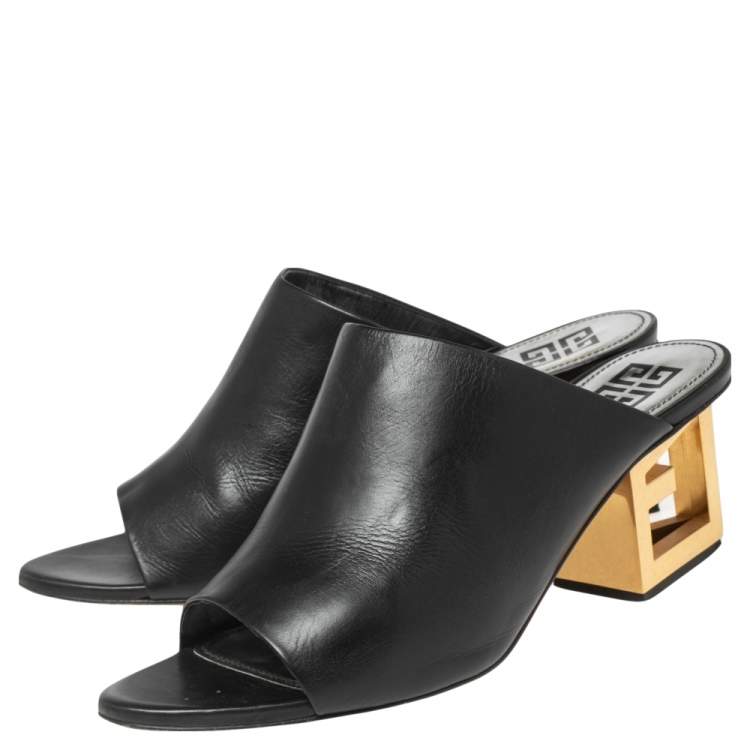 Pre Owned Givenchy Black Leather Triangle Mules Size 37