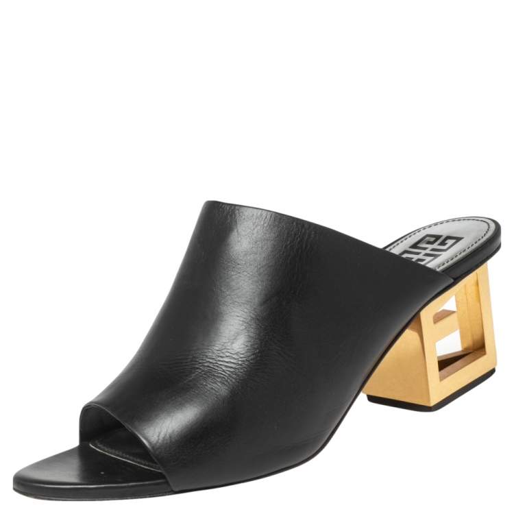 Pre Owned Givenchy Black Leather Triangle Mules Size 37