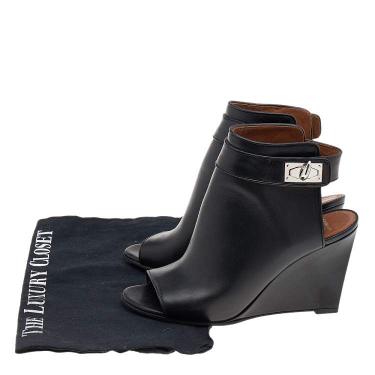Pre Owned Givenchy Black Leather Shark Lock Peep Toe Ankle Boots Size 37