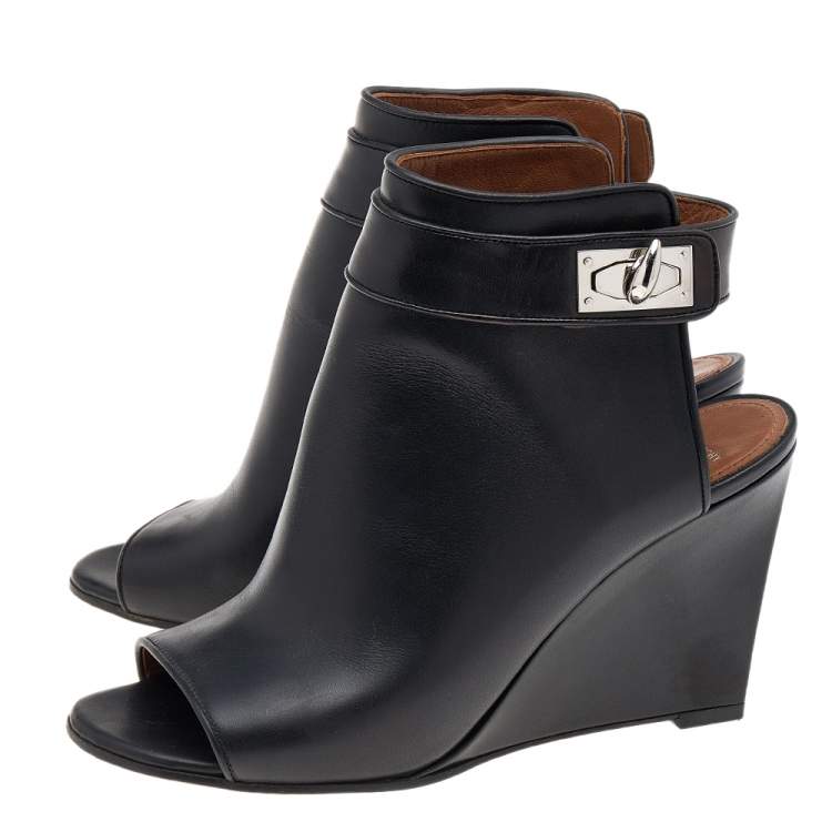 Pre Owned Givenchy Black Leather Shark Lock Peep Toe Ankle Boots Size 37