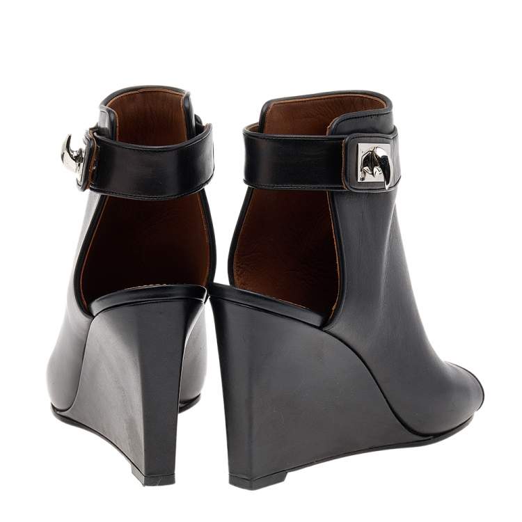 Pre Owned Givenchy Black Leather Shark Lock Peep Toe Ankle Boots Size 37