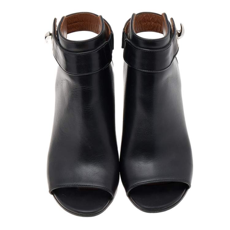 Pre Owned Givenchy Black Leather Shark Lock Peep Toe Ankle Boots Size 37