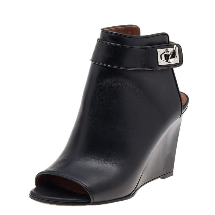 Pre Owned Givenchy Black Leather Shark Lock Peep Toe Ankle Boots Size 37