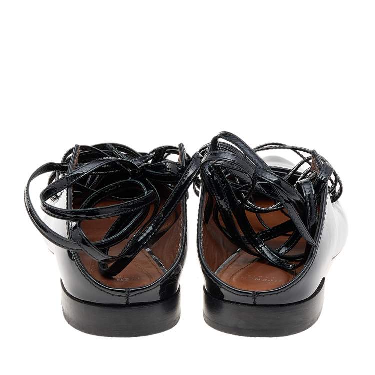 Pre Owned Givenchy Black Patent Leather Lace Up Backless Flat Mule Sandals Size 37