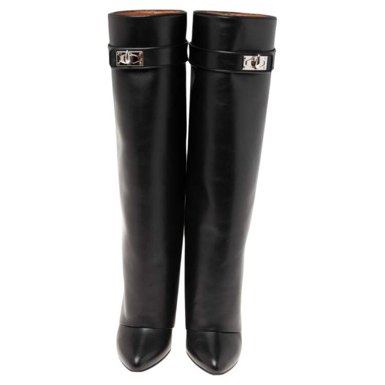 Pre Owned Givenchy Black Leather Shark Lock Wedge Knee High Boots Size 36
