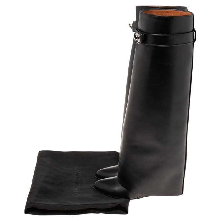 Pre Owned Givenchy Black Leather Shark Lock Wedge Knee High Boots Size 36