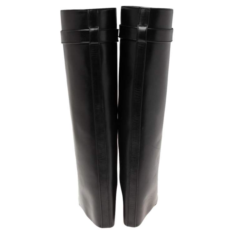Pre Owned Givenchy Black Leather Shark Lock Wedge Knee High Boots Size 36