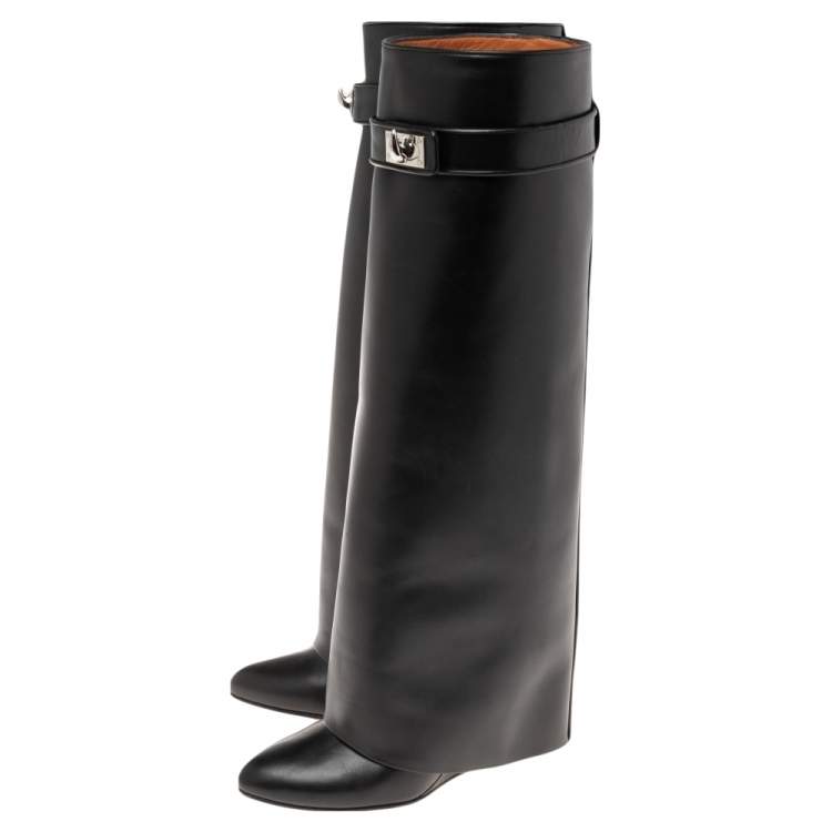Pre Owned Givenchy Black Leather Shark Lock Wedge Knee High Boots Size 36