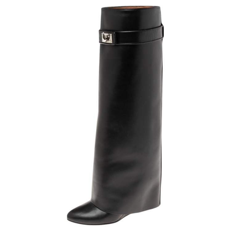 Pre Owned Givenchy Black Leather Shark Lock Wedge Knee High Boots Size 36