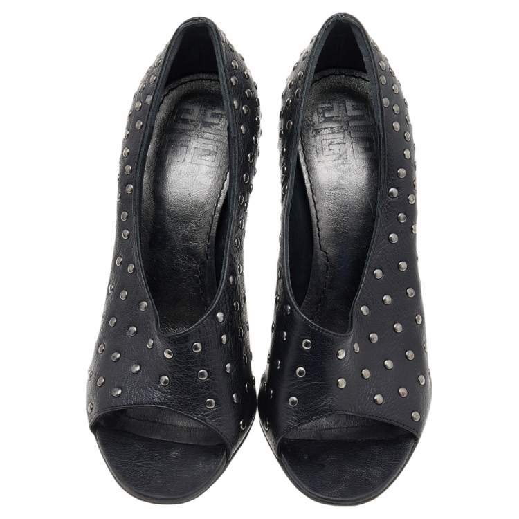 Pre Owned Givenchy Black Leather Studded Open Toe Pumps Size 37