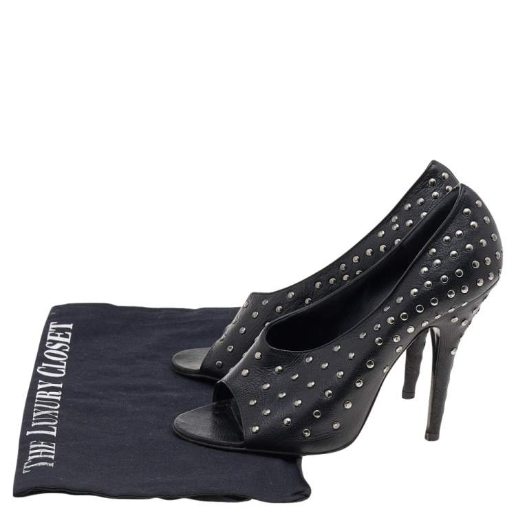 Pre Owned Givenchy Black Leather Studded Open Toe Pumps Size 37